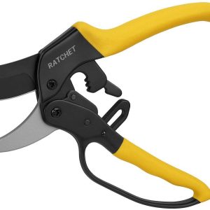 15 Ratchet Pruning Shears for Weak Hands Heavy Duty Garden Pruners with 4 Stage Cutting Action for Effortless Trimming of Thick Branches Yellow