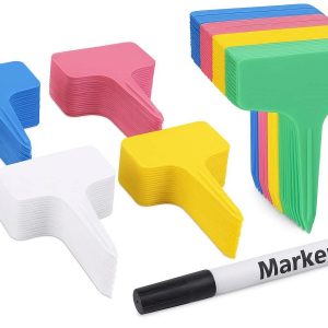 25 Plastic Plant Labels Set of 100 Waterproof Garden Tags with Marker Pen Colorful T Type Markers for Seedlings Herbs and Potted Flowers