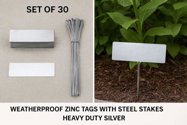 27 Metal Plant Labels Set of 30 Weatherproof Zinc Tags with Steel Stakes for Outdoor Garden Borders Trees and Perennials Heavy Duty Silver